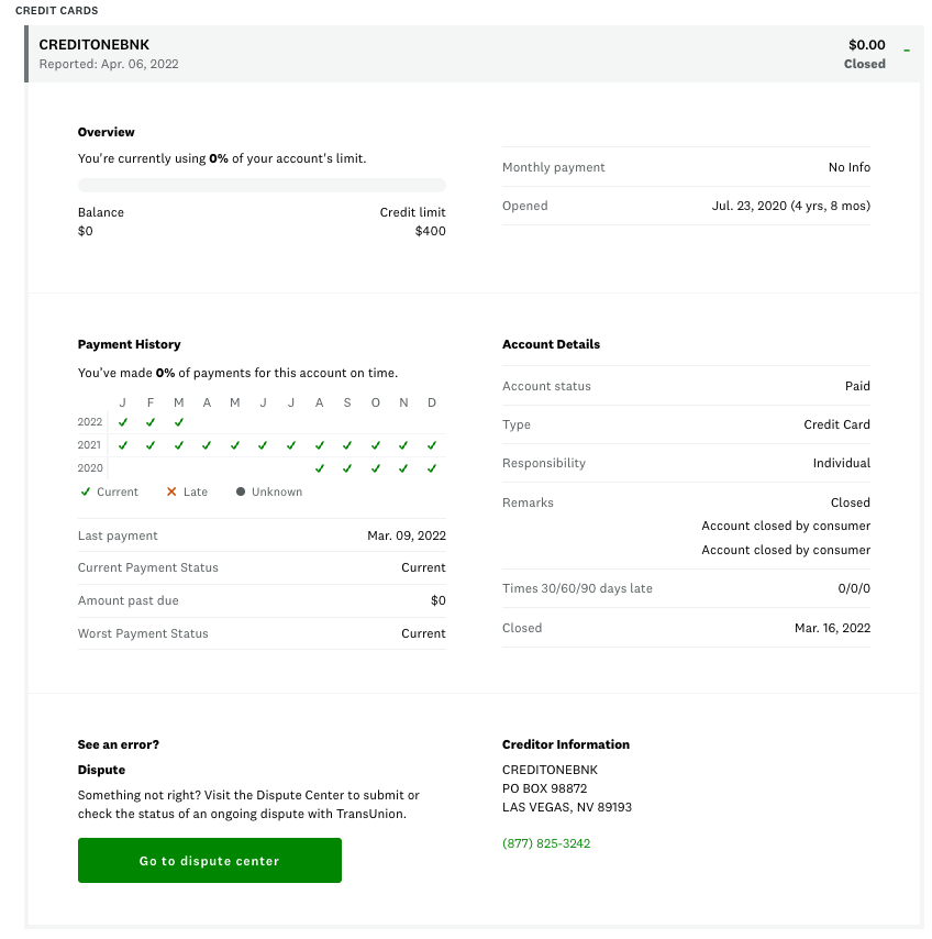 A screenshot of an expanded view of an individual's Credit One Bank account details. All payments were current before the consumer closed the account in 2022. 