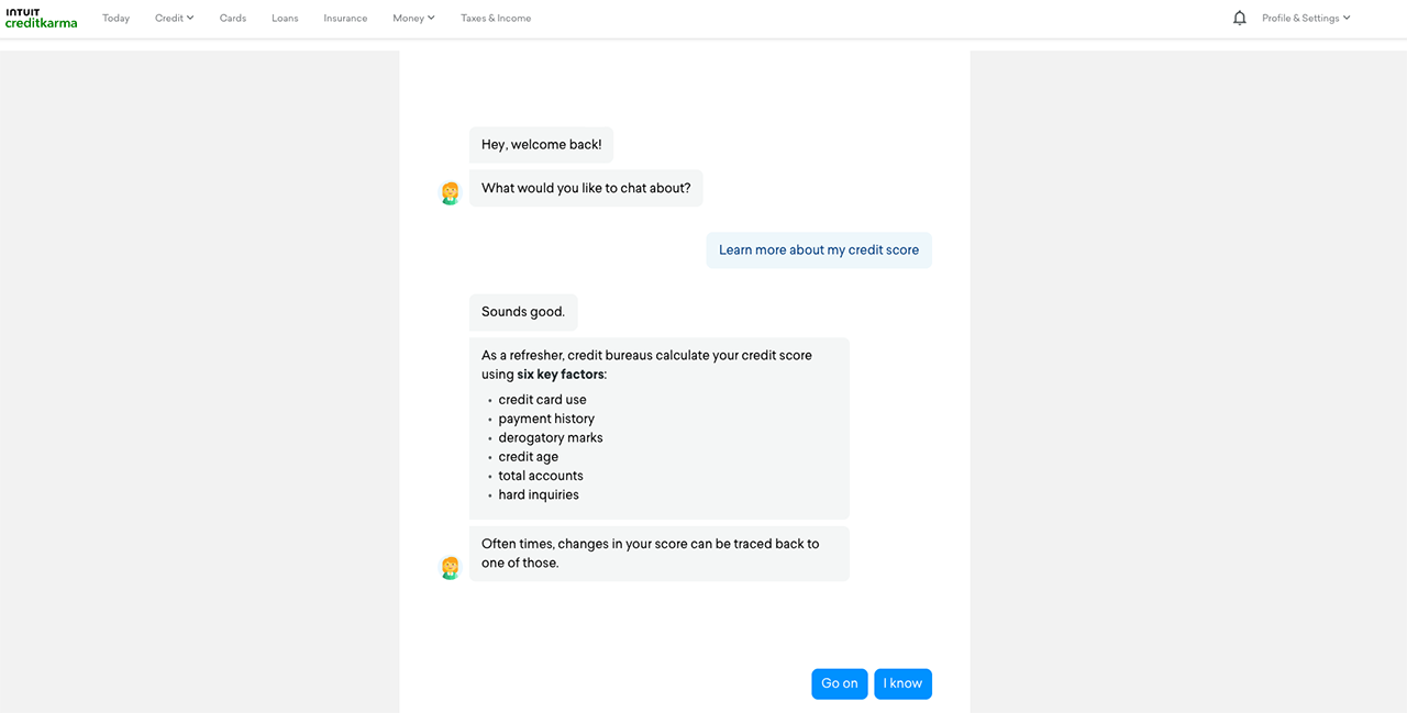 A screenshot of the opening conversation with Credit Karma's AI-powered Chatbot, Penny
