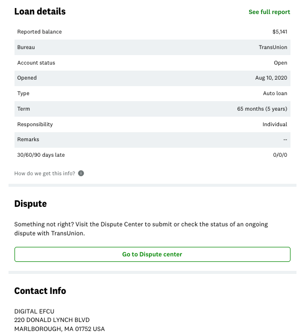 A screenshot of an individual's Digital EFCU Account data, including the loan amount, payment history, and other loan details.
