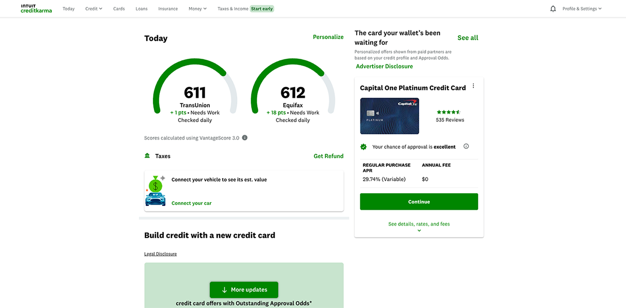 A screenshot of the Credit Karma Dashboard, showing the user's current Equifax and TransUnion Credit Scores